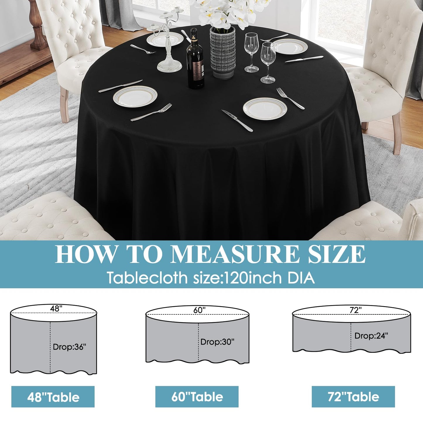 VidaFete 6 Pack 120inch Round Tablecloth Polyester Table Cloth, Stain Resistant and Wrinkle Polyester Dining Table Cover for Kitchen Dinning Party Wedding Round Tabletop Buffet Decoration(Black)