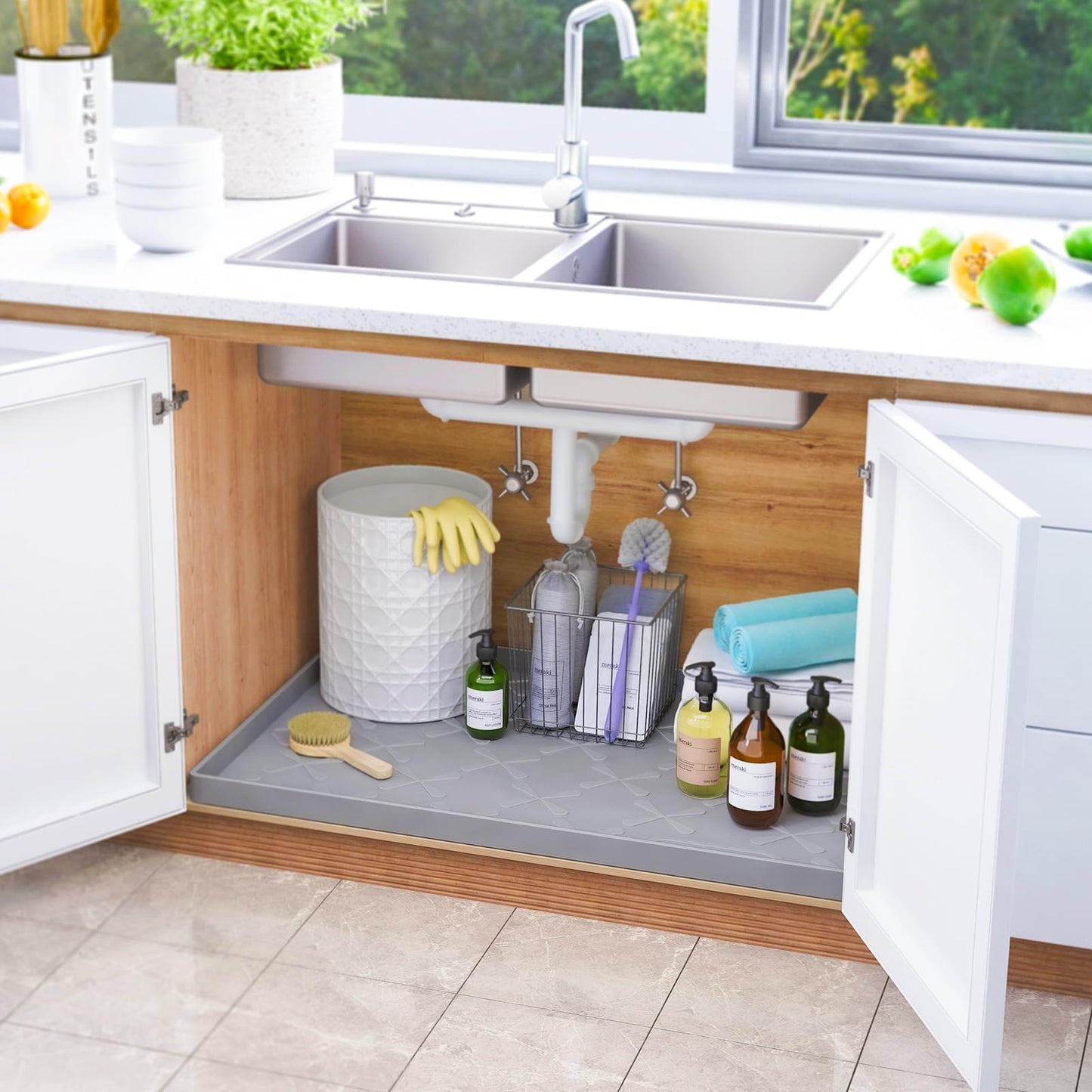 SIKADEER 40" x 22" Under Sink Mat Waterproof, Silicone Mat Kitchen Drawer Shelf and Cabinet Liner, Sink Protector for Kitchen Organizers and Storage, Boot Tray Pet Food Mats