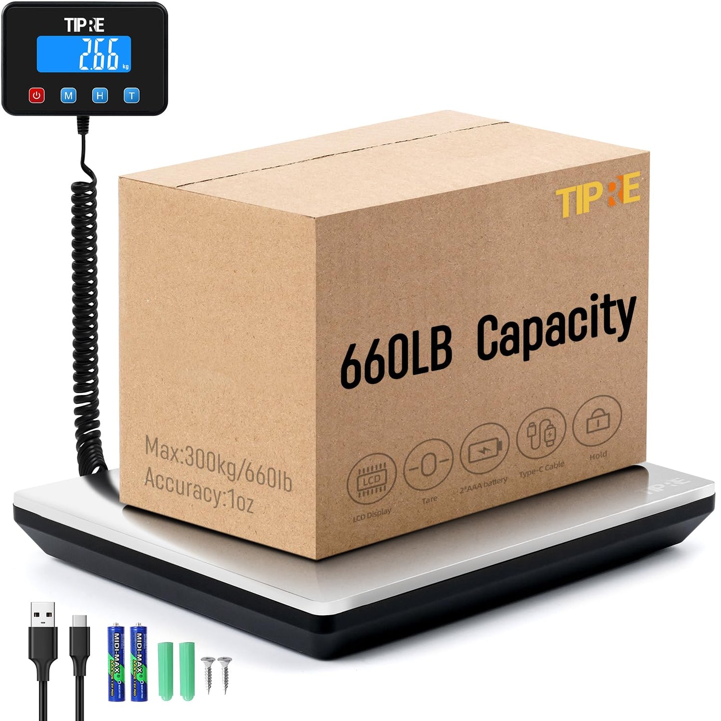 TIPRE Shipping Scale 660lbs for Packages,Heavy Duty Digital Postal Express Scale,1 oz High Accuracy with Charging Cable & Batteries,Extra Large Stainless Steel for Small Business,Warehouse,Home