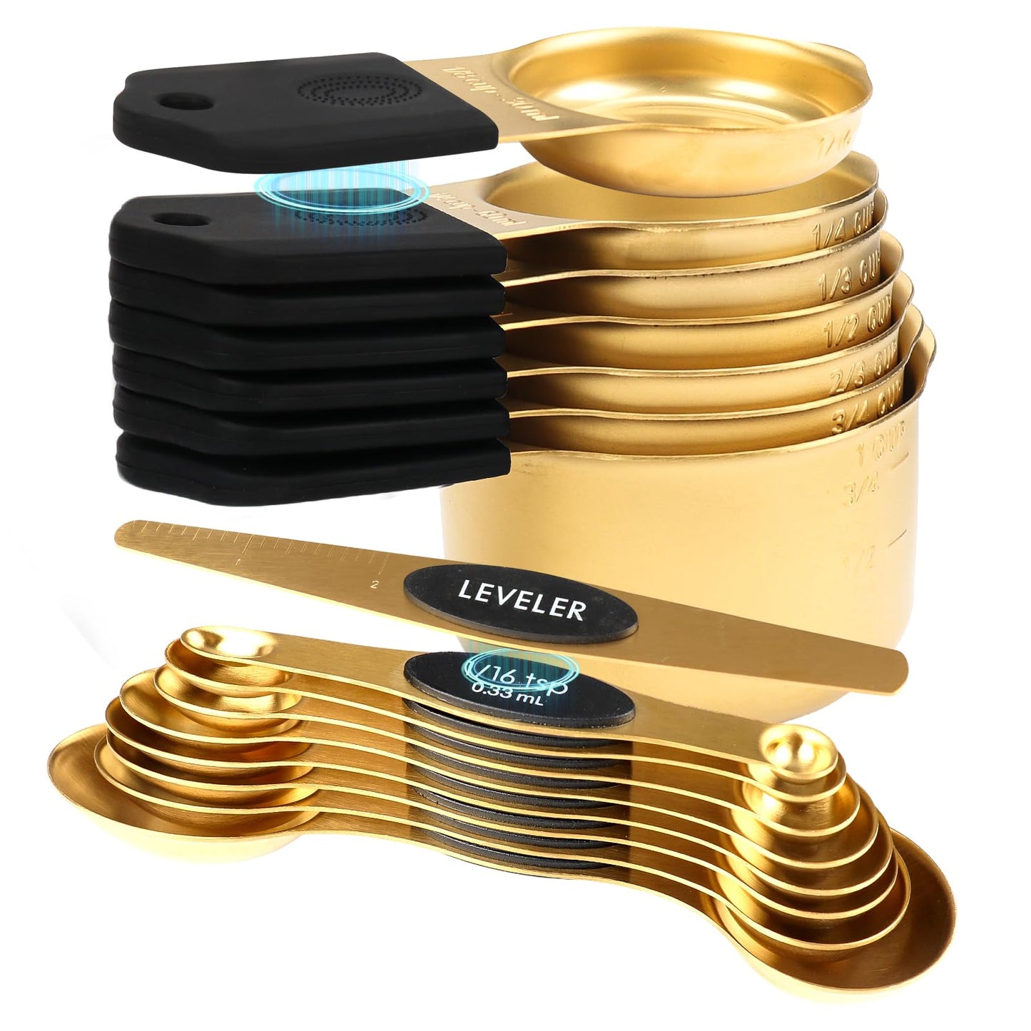 16-Piece Stainless Steel Measuring Cups and Spoons Set, Strong Magnetic Nesting Design 7 Cups 8 Spoons with Leveler, Double Measurement Markings for Dry & Liquid Ingredients, Gold