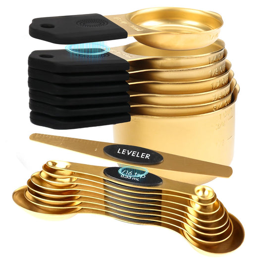 16-Piece Stainless Steel Measuring Cups and Spoons Set, Strong Magnetic Nesting Design 7 Cups 8 Spoons with Leveler, Double Measurement Markings for Dry & Liquid Ingredients, Gold