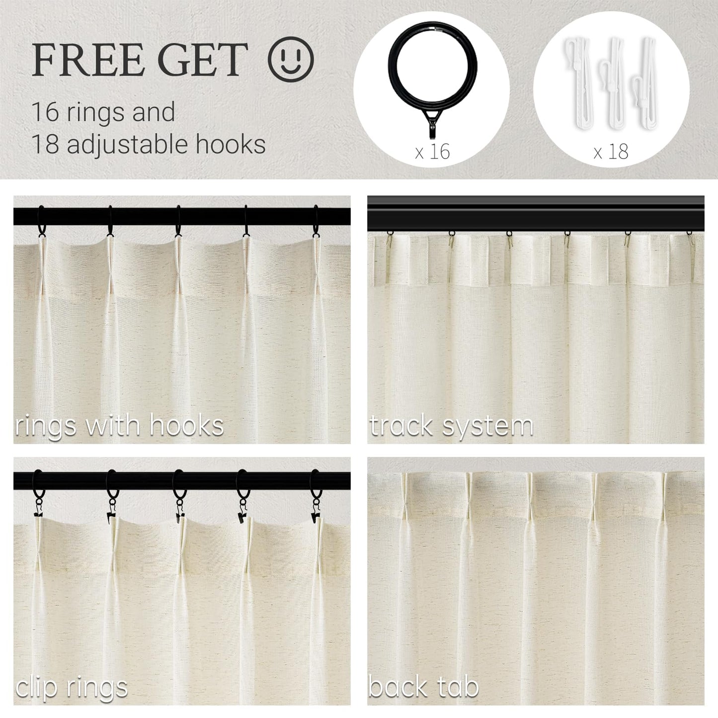 Topfinel Natural Pinch Pleated Linen Curtains 84 Inch Length 2 Panels for Bedroom Living Room Textured Cream Semi Sheer Window Curtain Boho Neutral Back Tab Pinch Pleat Drape with Hooks 84 Inches Long