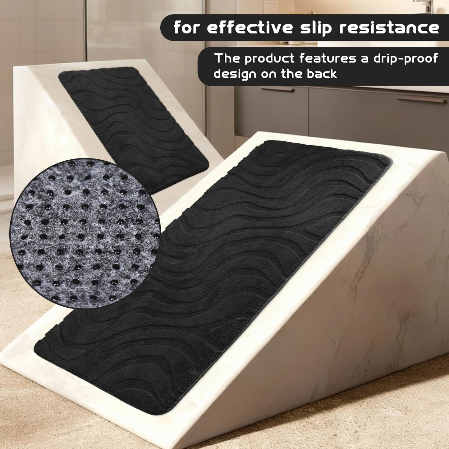 Aqzuxira Bathroom Rug Sets 5 Piece, Ultra Soft Absorbent Non-Slip Plush Bath Mats, Includes Toilet Cover, Bath Runner and U-Shaped Contour Toilet Rug, Machine Washable, Black
