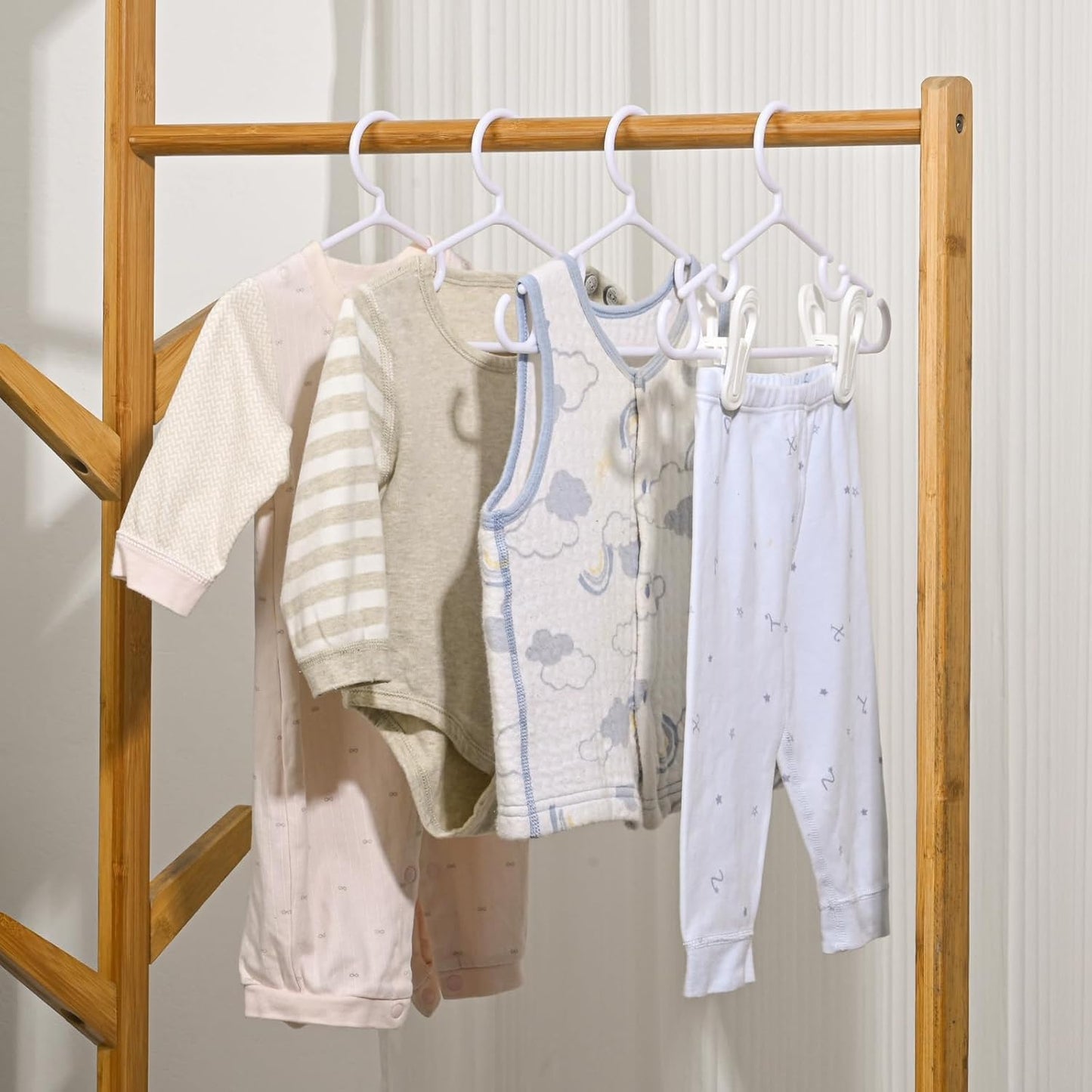 Nursery Baby Hangers with Clips, 20 Newborn Kids Plastic Clothes Hangers for Toddler Pants – with 40 Clips for Children's Clothes Packs(White,60 Packs) (60, White)