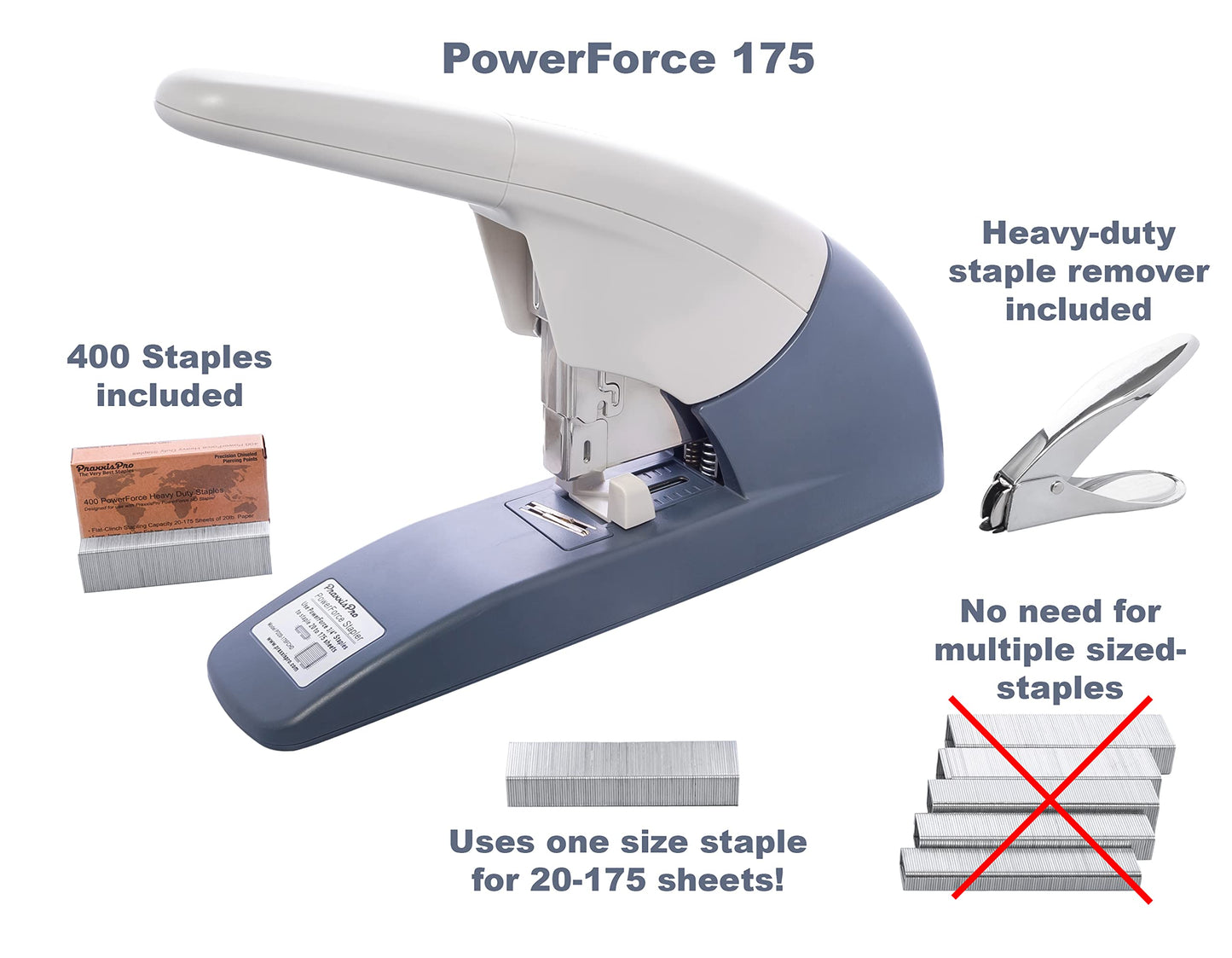PraxxisPro PowerForce 175 Heavy Duty Flat Clinch Office Stapler, 20 to 175 Sheets Using one Size 3/4" Leg-Length Staple, Includes 400 Staples and a Staple Remover