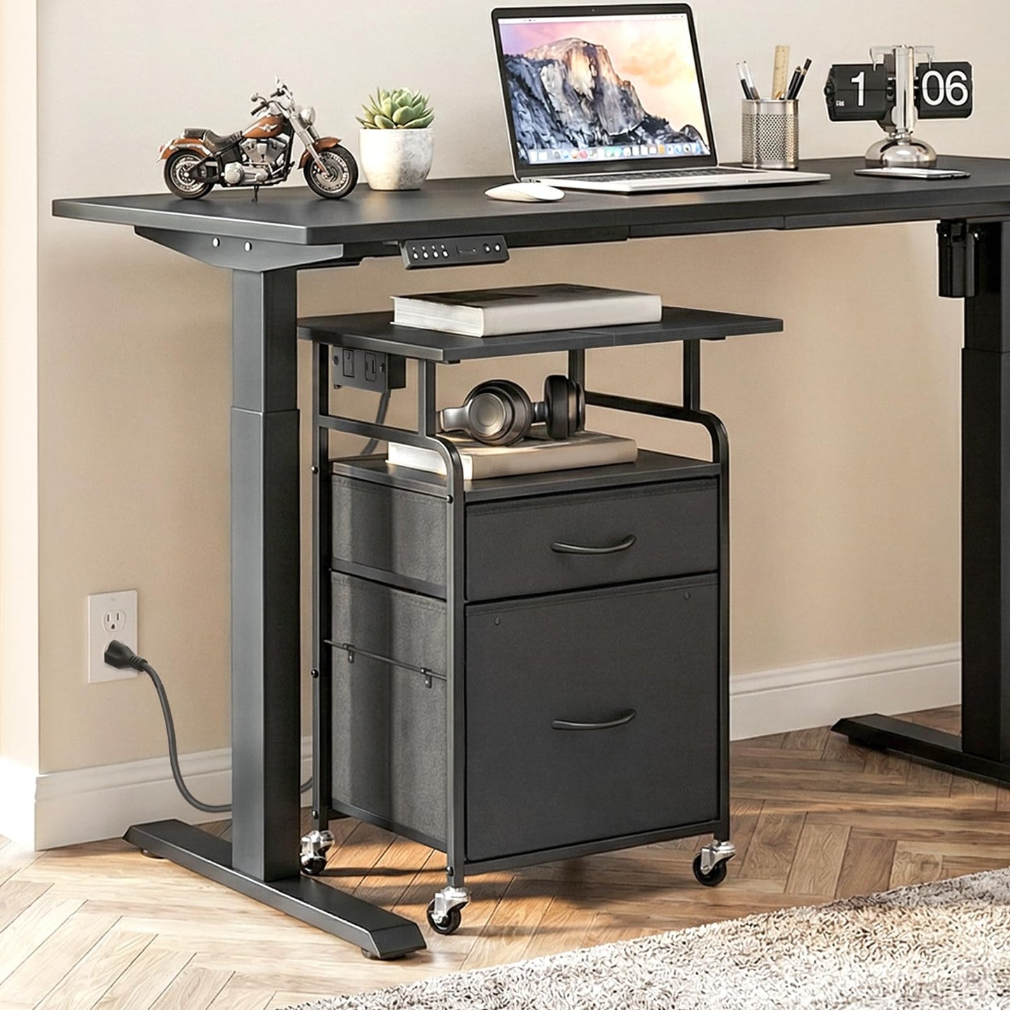 HOOBRO Printer Stand, Printer Table with Drawers, Mobile Filing Cabinet with Charging Station, Printer Cart for Home Office, Living Room, Black BB15UPS01