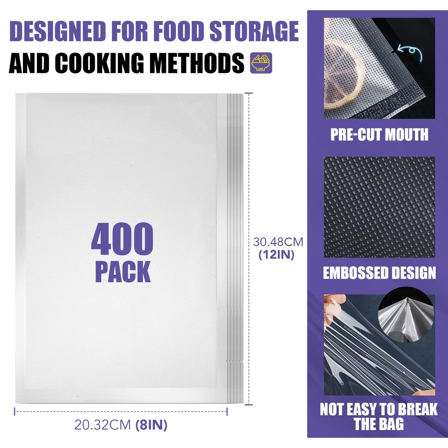 CAREGY Vacuum Sealer Bags 400 Quart 8" x 12" with BPA Free for Food Storage Meal Prep or Sous Vide