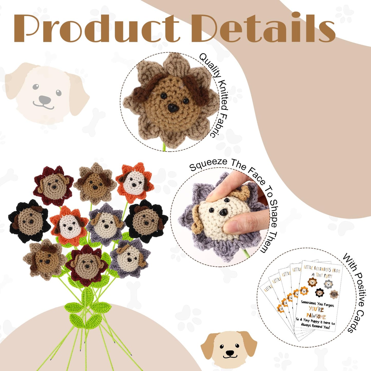 Riceshoot 10 Sets Cna Week Gifts Bulk 2026 Crochet Dog Gifts for Women Inspirational Positive Dog Crochet Flower Teacher Appreciation Gift for Graduation End of Year Pet Lover Desk Decor