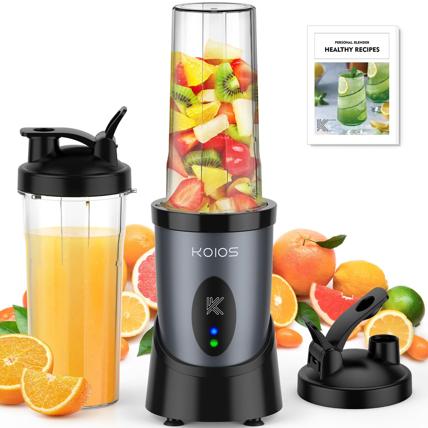 KOIOS Smoothie Blender, 900W Personal Blender for Shakes and Smoothies for Kitchen with 2 Portable Cups 22oz, Single Serve Smoothies Maker Mixer for Juices, Nutritious Recipe, Grey Blue