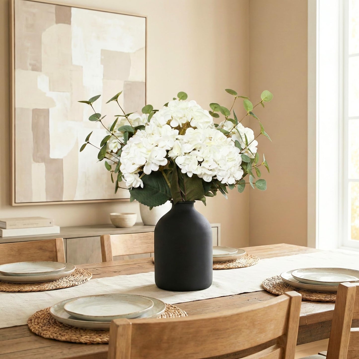 Real Touch White Faux Hydrangea And Eucalyptus Arrangement, Faux Floral Arrangements, Hyper Realistic Artificial Flowers, White Centerpieces For Kitchen Dining Coffee Table Decor, 5 Heads + Greenery