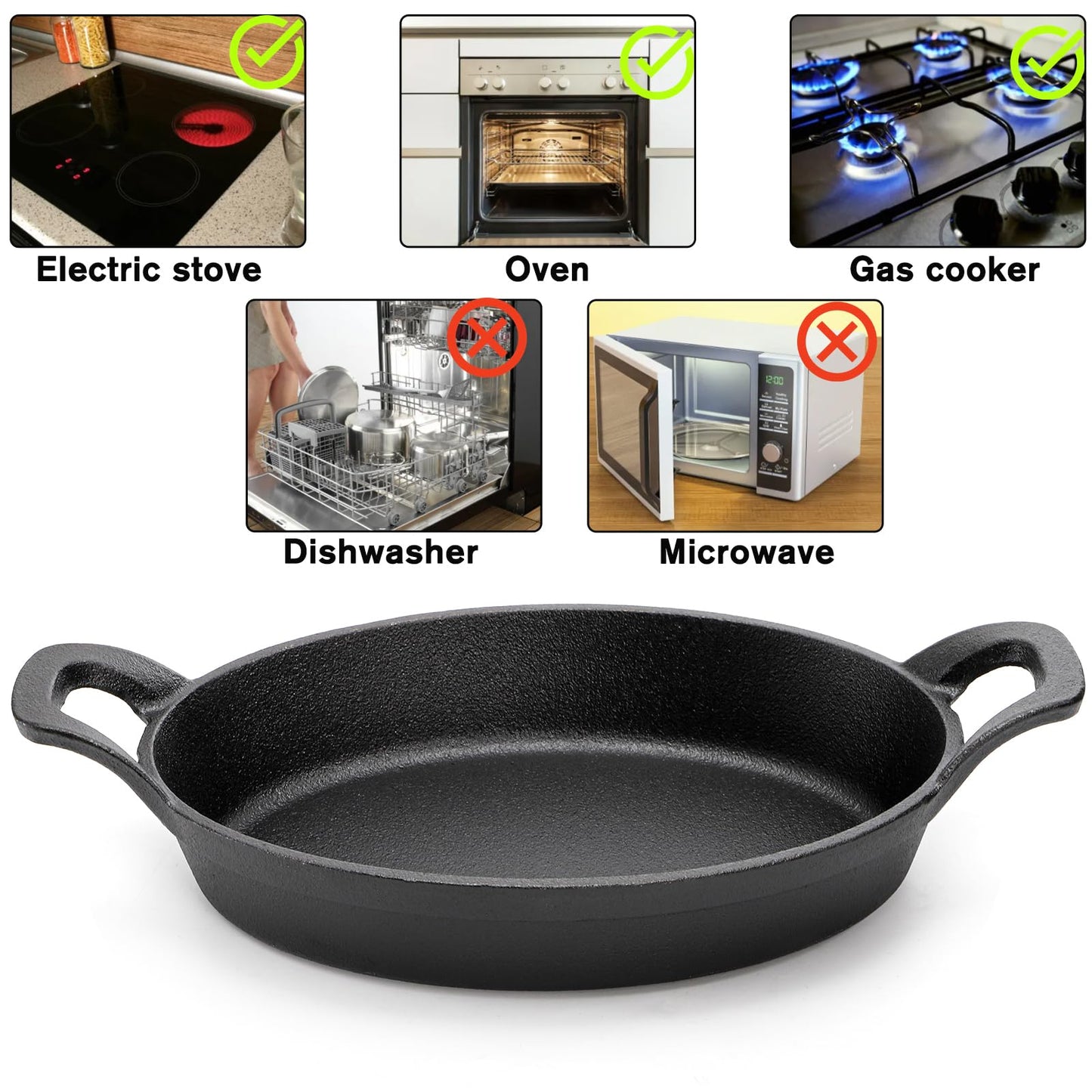 Mezchi 4 Pack Mini Cast Iron Fajita Skillet Set, 8.5 x 6.1 Inch Sizzling Plate with Wooden Base, Small Oval Casserole Dishes, Cast Iron Pizza Baking Steak Pan for Stove, Oven, Grill