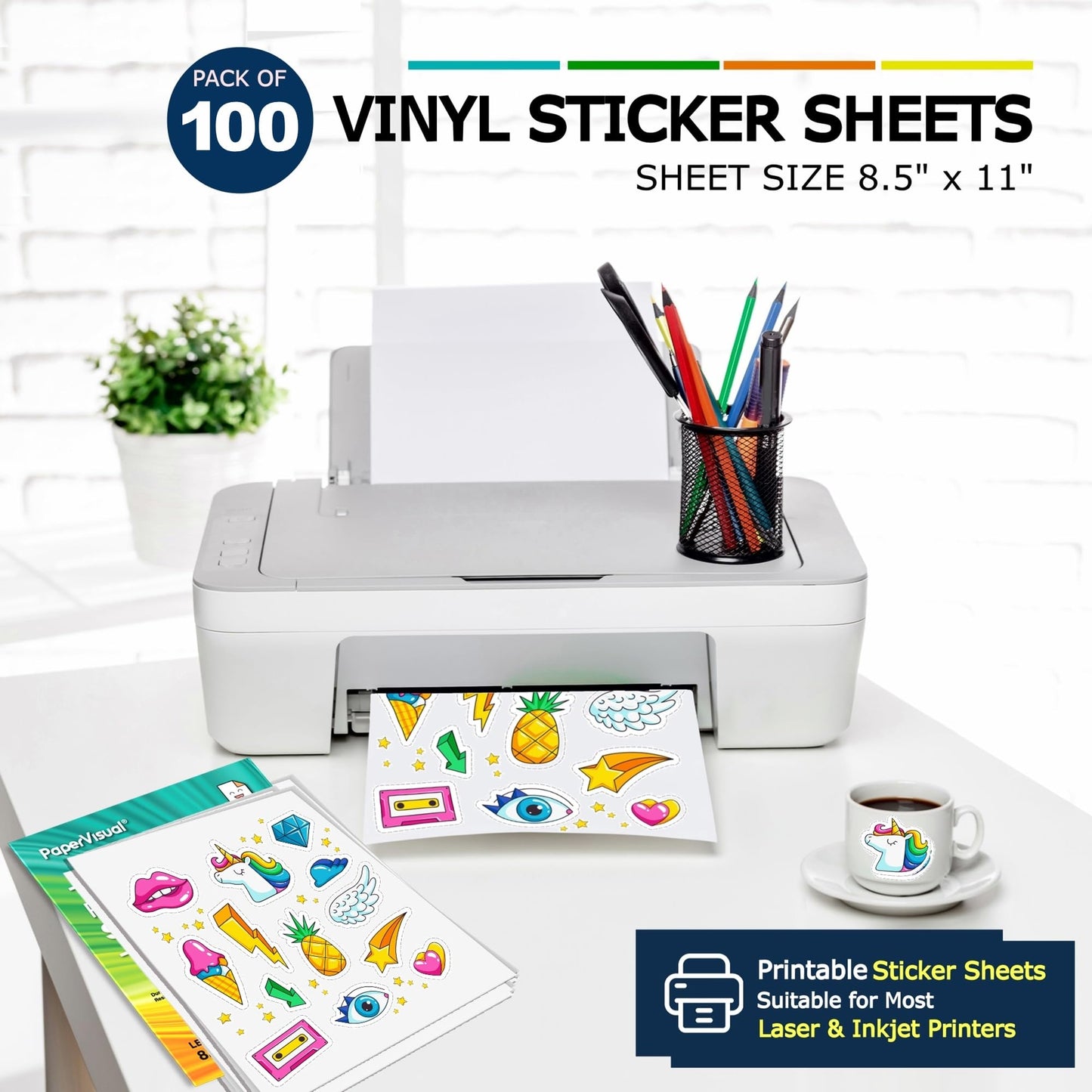 PaperVisual Matte Printable Vinyl Sticker Paper 100 Sheets - Waterproof White, Inkjet & Laser Printer, 8.5x11, Quick Dry, Tear Resistant, Compatible with Cricut & Silhouette -DIY,Labels,SmallBusiness