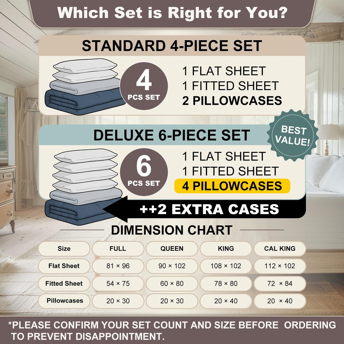 HYPREST 6 Piece King Size Sheets Set, Floral Sheets White and Black Patterned Sheets Deep Pocket up to 18 inches