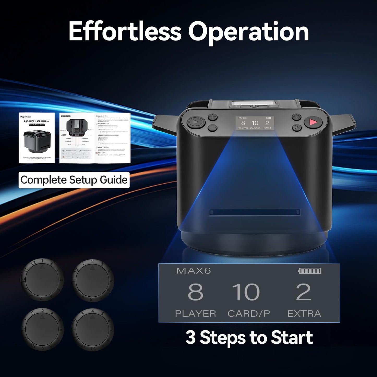 MagicDealer Automatic Card Shuffler and Dealer Machine 2-in-1 for 1-2 Decks, 180°/360° Rotating Dealing Machine for 1-12 Players, 4 Remotes, Rechargeable, for Poker, UNO, Blackjack, Phase 10