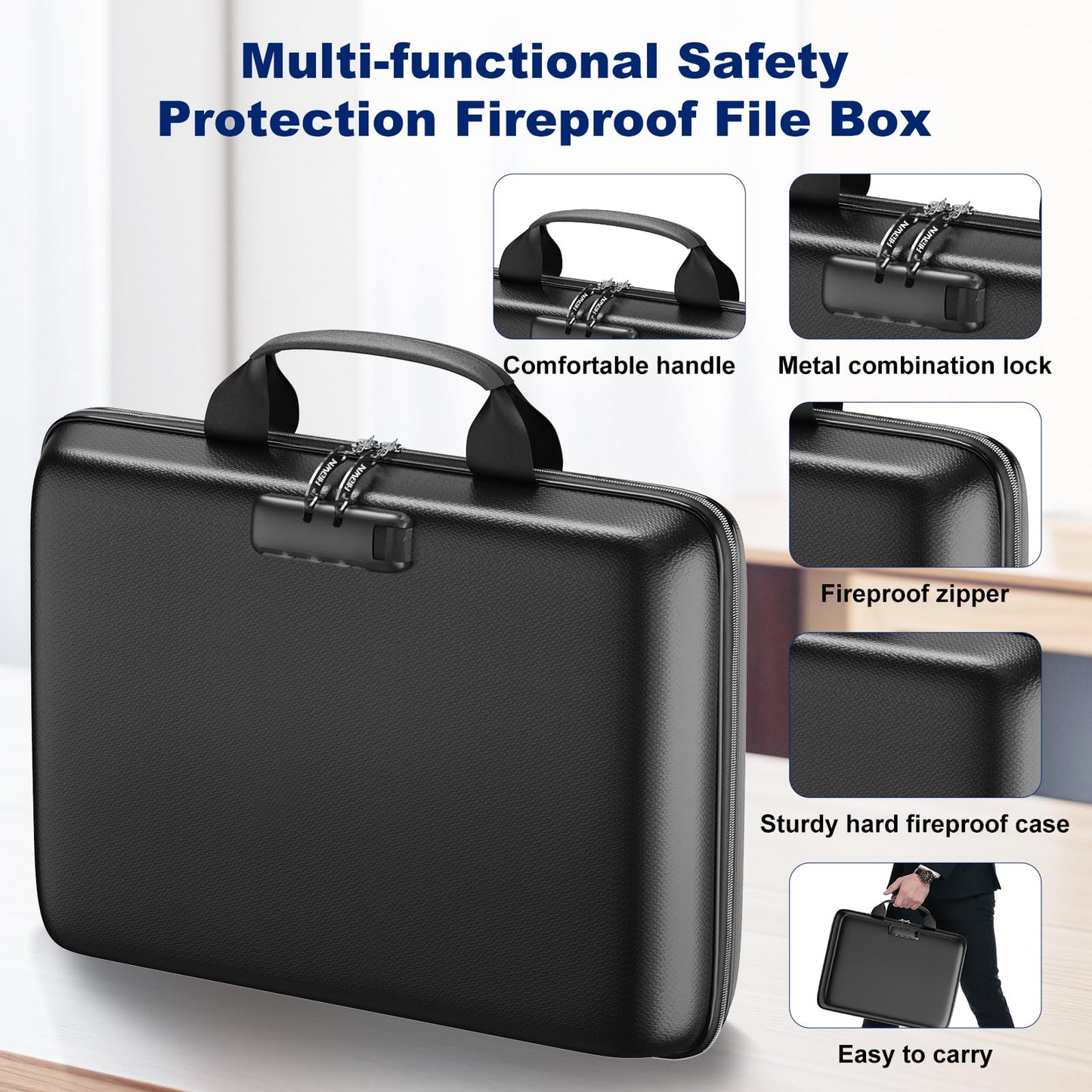HIBWN Fireproof Document Box, Hard Case Fireproof File Organizer with Lock and 13 Pocket Accordion File Folder, Portable Safe Box for Home Office Travel to Storage Important Documents Laptop Black