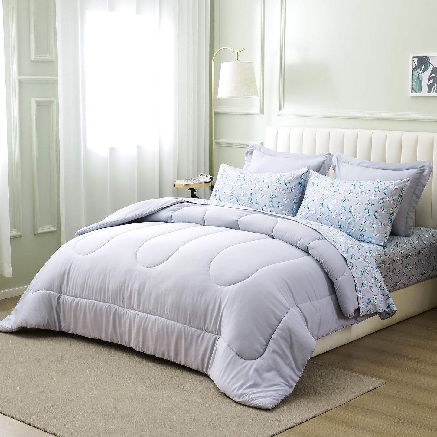 ARTALL Queen Bed in a Bag 7 Pieces, Light Gray Solid Comforter with Cute Colorful Butterfly Sheet Set, Soft Reversible Bedding Sets with Comforter, Sheets, Pillowcases & Shams for All Seasons