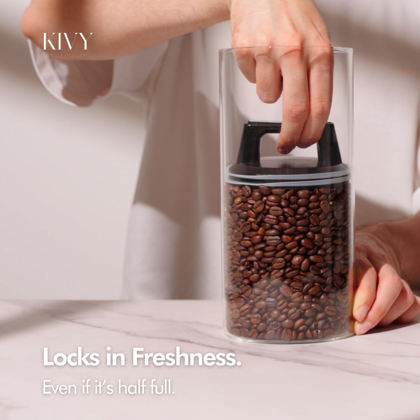 KIVY Vacuum Coffee Canister (Large) - Push Lid Preserves Aroma & Oil - Stainless Steel Airtight Canister - Container for Ground & Coffee Bean Storage - Removes Excess Air