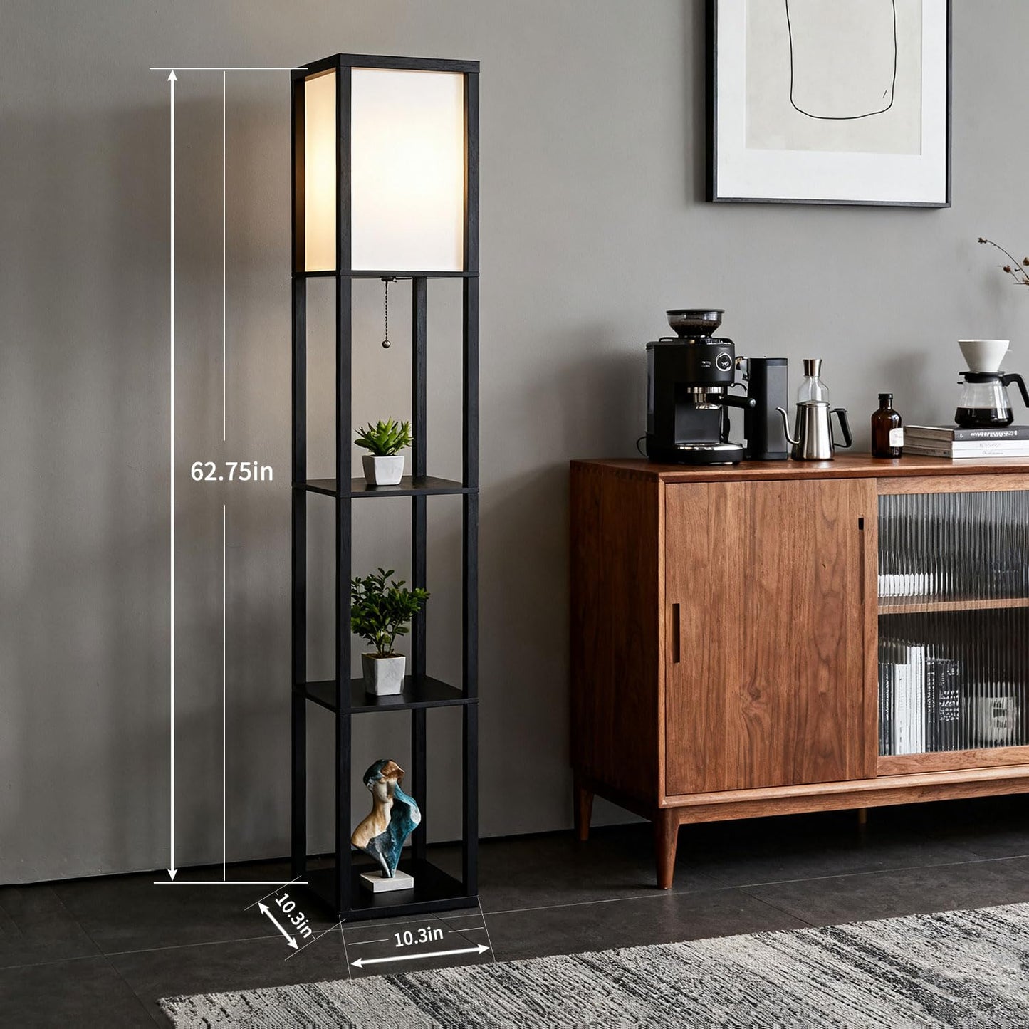MITELSON Floor Lamp with Shelves, Modern Square Shelf Lamp for Living Room, Corner Standing Lamp with Shelves for Bedroom, Office, Display Shelves with Light, Home Decor