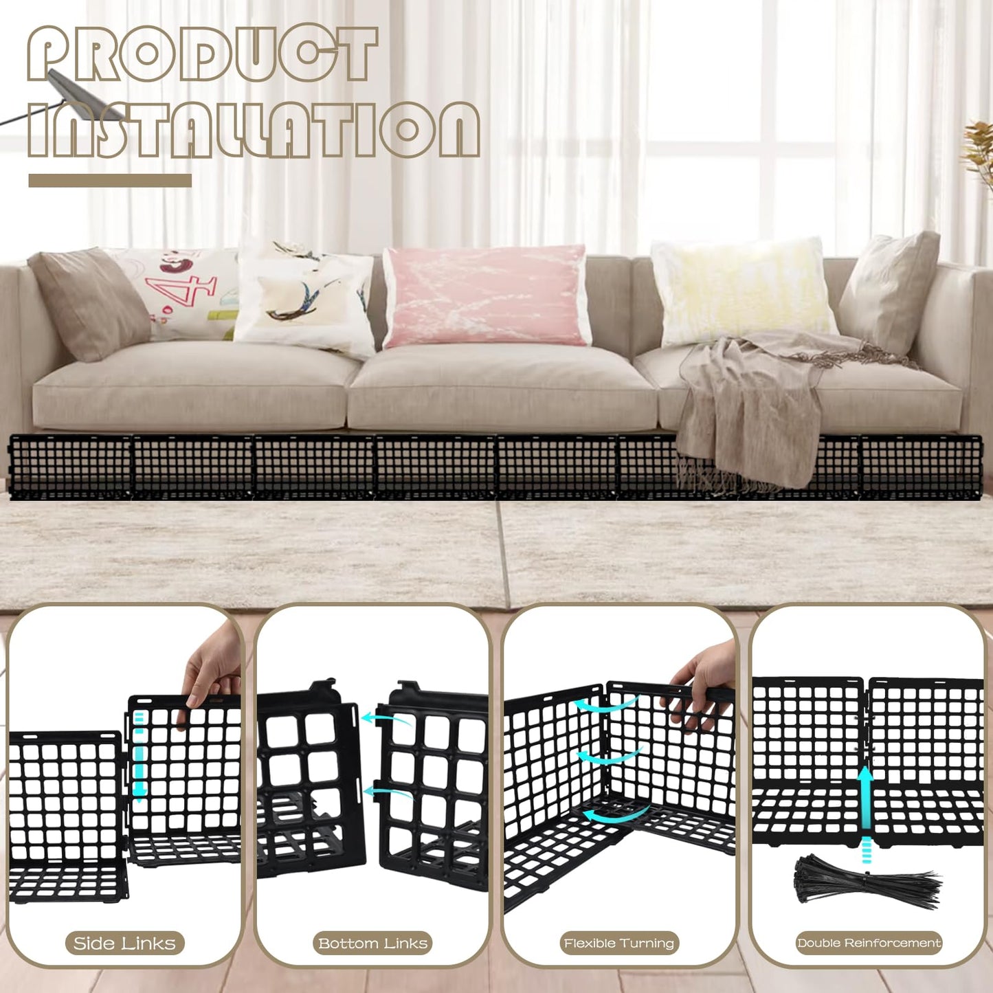 12 Pcs Under Couch Blocker for Bed Adjustable Furniture Plastic Under Bed Blocker with 30 Ties Black Couch Barriers for Dogs Pets Cats (Style 1)