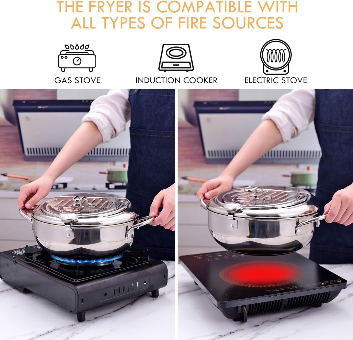 cuomaop Deep Fryer Pot, 304 Stainless Steel Japanese Frying Pot with Oil Drain, Temperature Control and Lid, Tempura Deep Fryer Pot for Kitchen Stove/Induction Cooker French Fries Fryer Chicken 9.4"