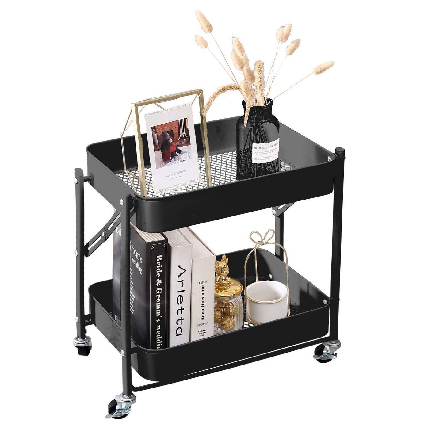 Melody House 2-Tier Metal Folding Rolling Cart, Mobile Utility Cart Trolley Storage Organizer for Office Home Kitchen Organization, Sofa Side End Table with Wheels, Black