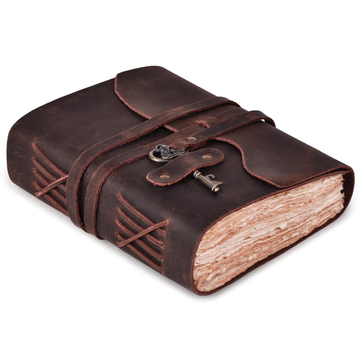 LEATHER VILLAGE Vintage Leather Journal – 200 Handmade Vintage Deckle Edge Paper – Leather bound Journal For Women Men – Vintage Key Closure - Book of Shadows - Chocolate Brown - 10X7 inches