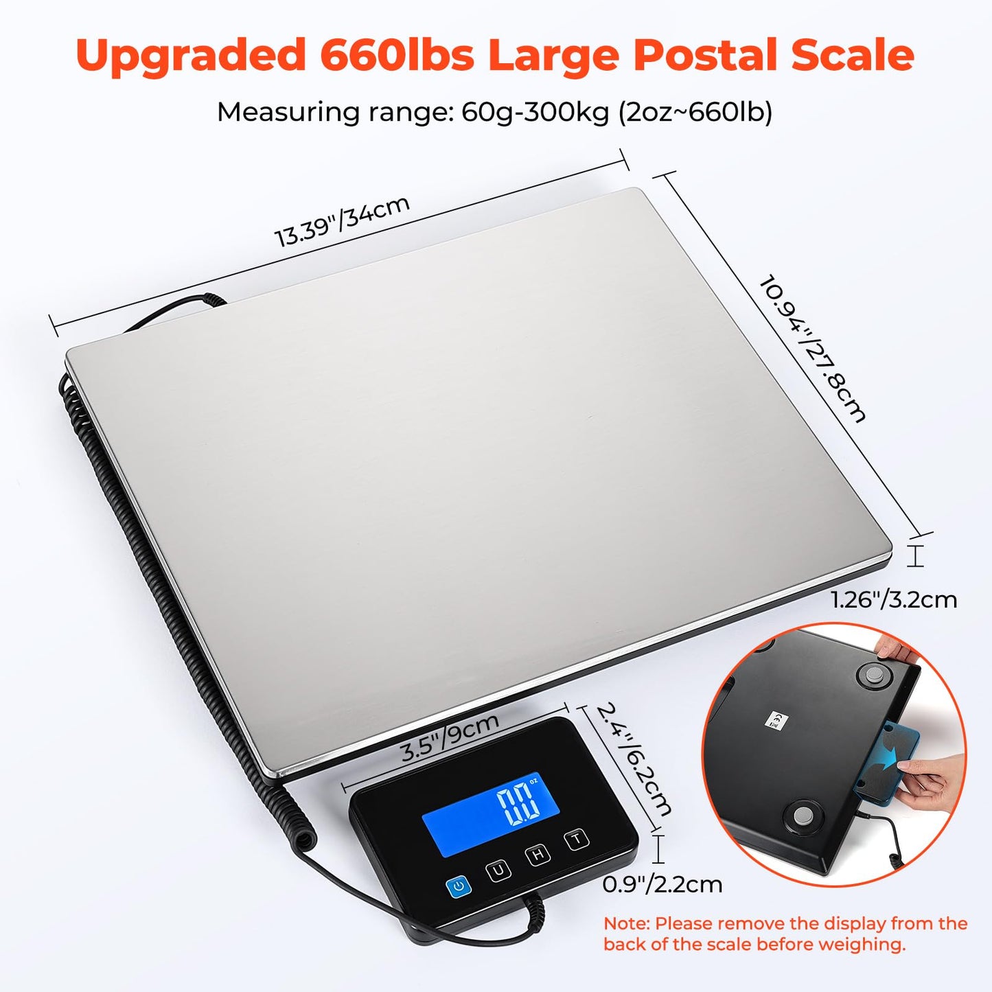 MUNBYN Shipping Scale, 660lb/1.8oz Digital Postal Scale for Packages with Hold/Tare Function, Backlit LCD, Battery & Cable Included, Postage Scale for Small Business, Packages, Luggage, and Home Use