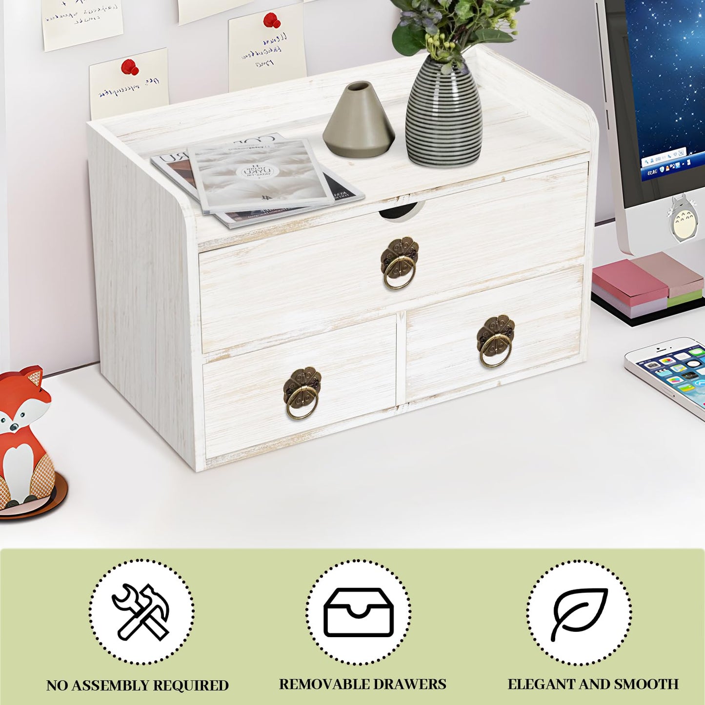 SeekElegant Wood Desk Organizer with Drawer, White Wooden Desktop Organizer, Tabletop Storage Organization Box for Countertop, Home Office Supplies, 13.5x6.6x8.2 Inch(3 Drawer and Shelf)