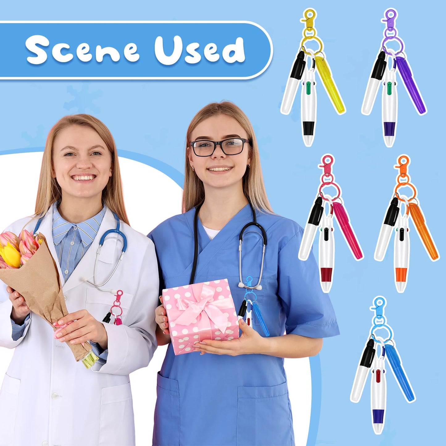 Dcocdeely 50 Sets Nurse Pen Set for Badge, Include Retractable Shuttle Pens, Marker Pen, Mini Tip Highlighter, Keychain Clips Already Assembled Nurse Pen Pack Set Gift for Nurse (50)