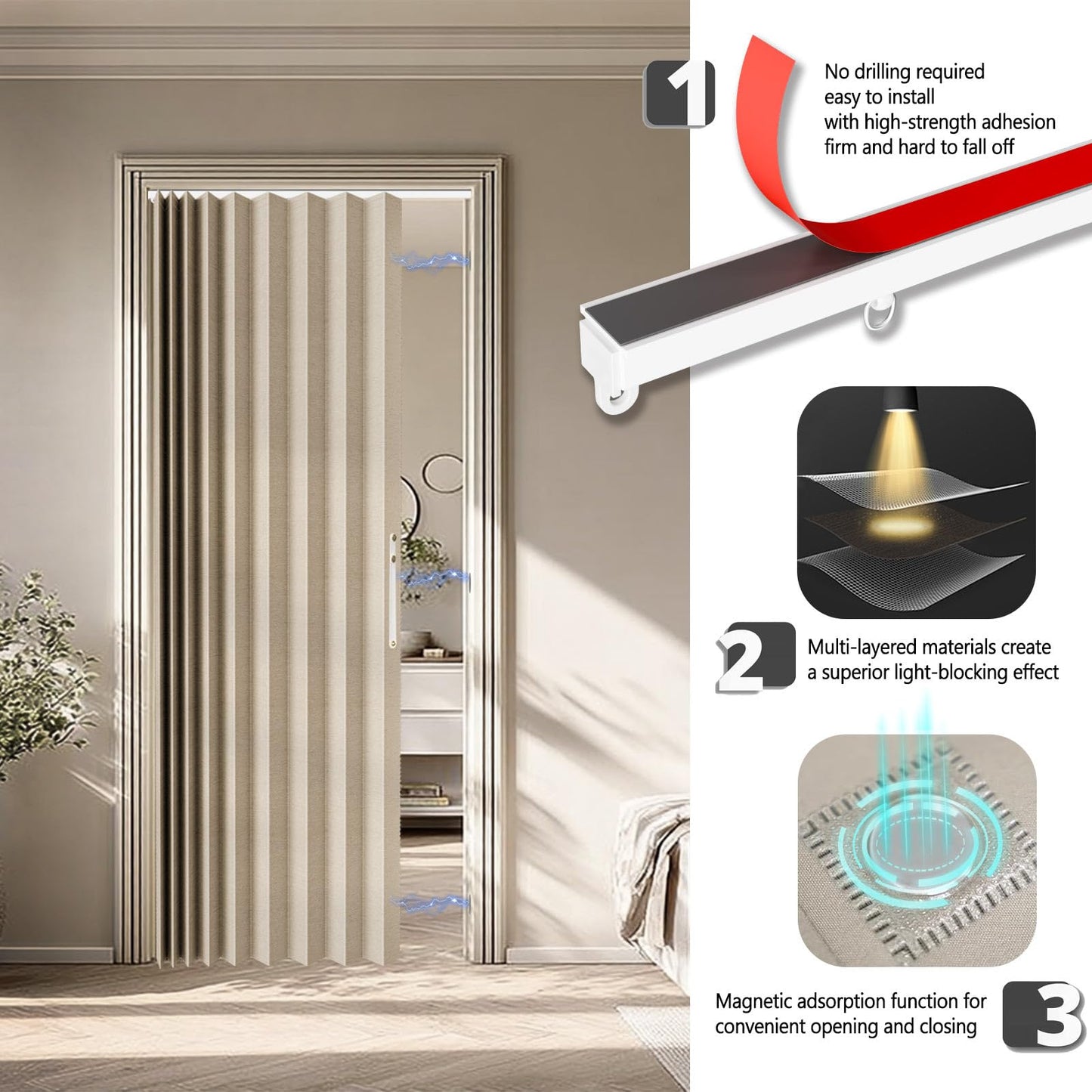 Jilron Accordian Door Curtain,Install Adhesive Track 100% Blackout Doorway Curtains,Suitable for Bedroom,Closet,Interior Room Divider,Beige 43" W×78" L,1 Piece