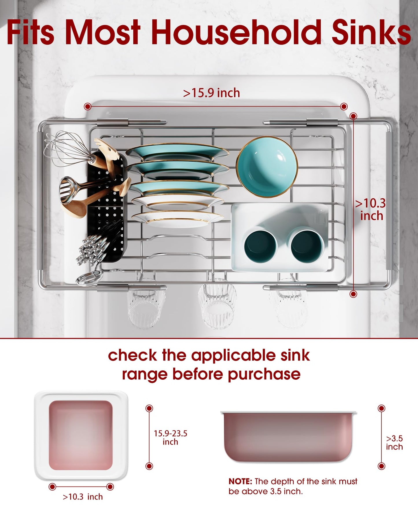 Sakugi Dish Drying Rack in Sink - Expandable Stainless Steel Dish Rack Over the Sink, Kitchen Sink Drain Strainer with Cutlery Holder & Cup Holders, 15.4 x 9.8 x 3.0 Inch, Grey