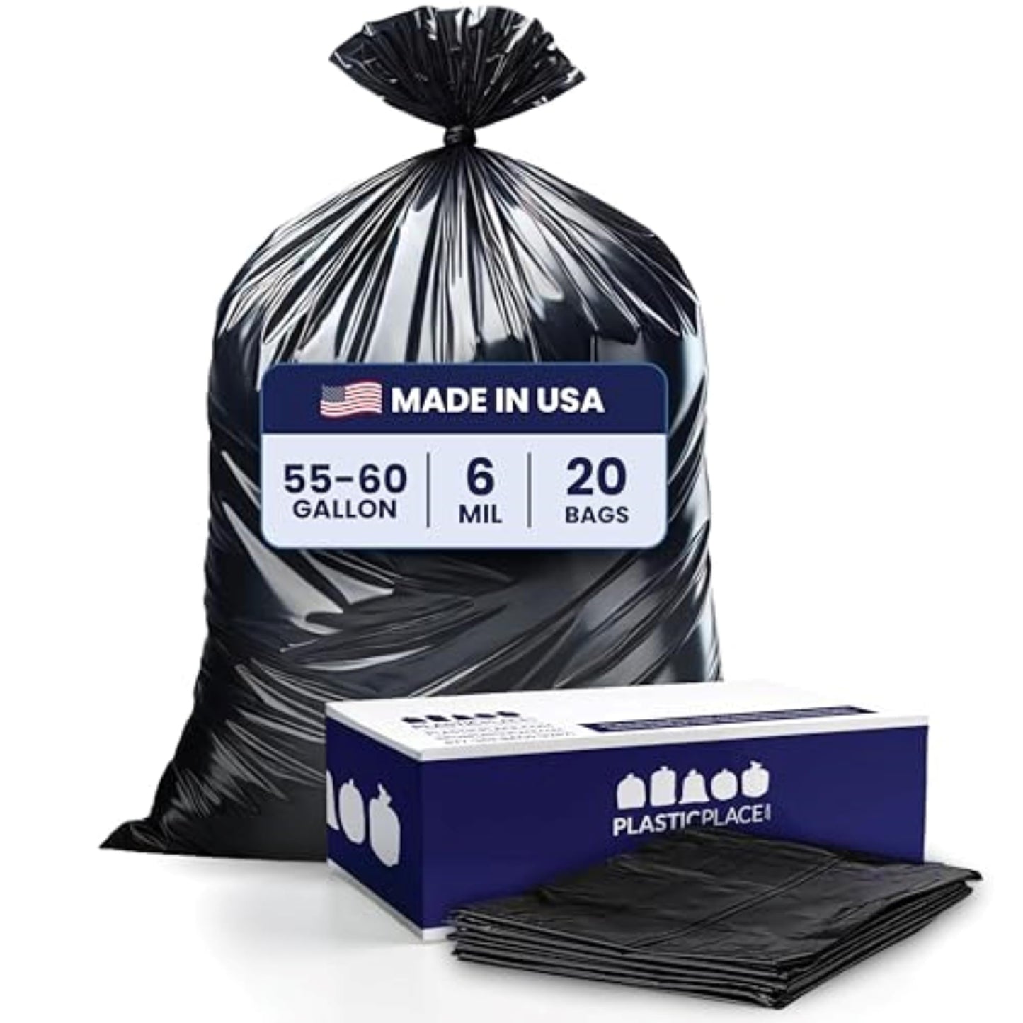 Plasticplace Contractor Garbage Bags: 55 Gallon Trash Bags Heavy Duty, Big Black Trash Bags, 36"x58", 6.0 Mil, Pack of 20