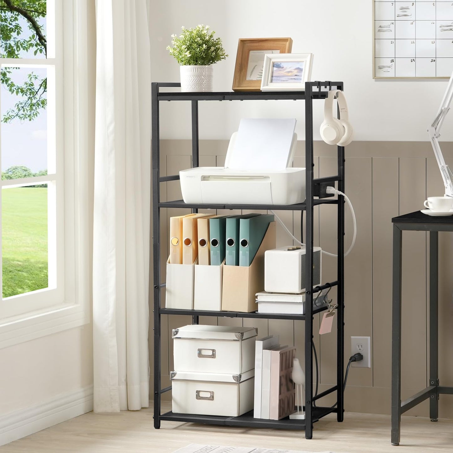 MAHANCRIS Bakers Rack with Power Outlet, Microwave Stand with Hooks, Multifunctional Storage Rack, Coffee Bar with Enclosure, Kitchen Storage Shelf, for Kitchen, Dining Room, Black BRHB40E01