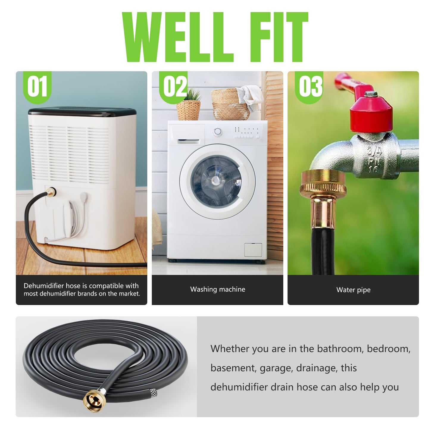 30FT Dehumidifier Drain Hose 3/4" FHT,Leakproof Dehumidifier Hose with Rustproof Durable Connector,Thickened drain hose for dehumidifier indoor,Perfectly Compatible with Most Brands of Dehumidifiers