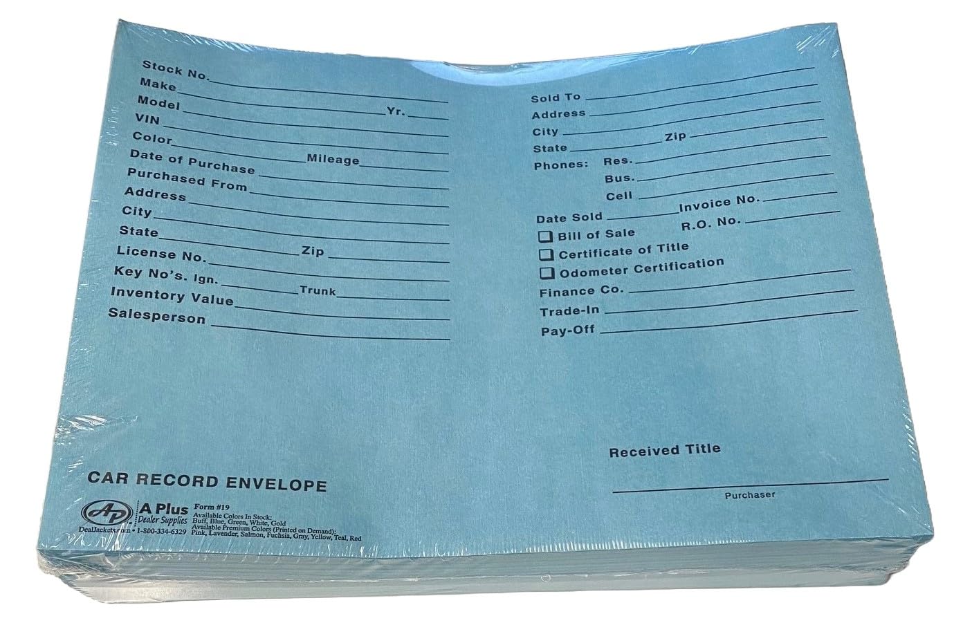 A Plus Car Record Envelope #19 Vehicle Dealer Jackets, 100 Quantity, Blue (P15)