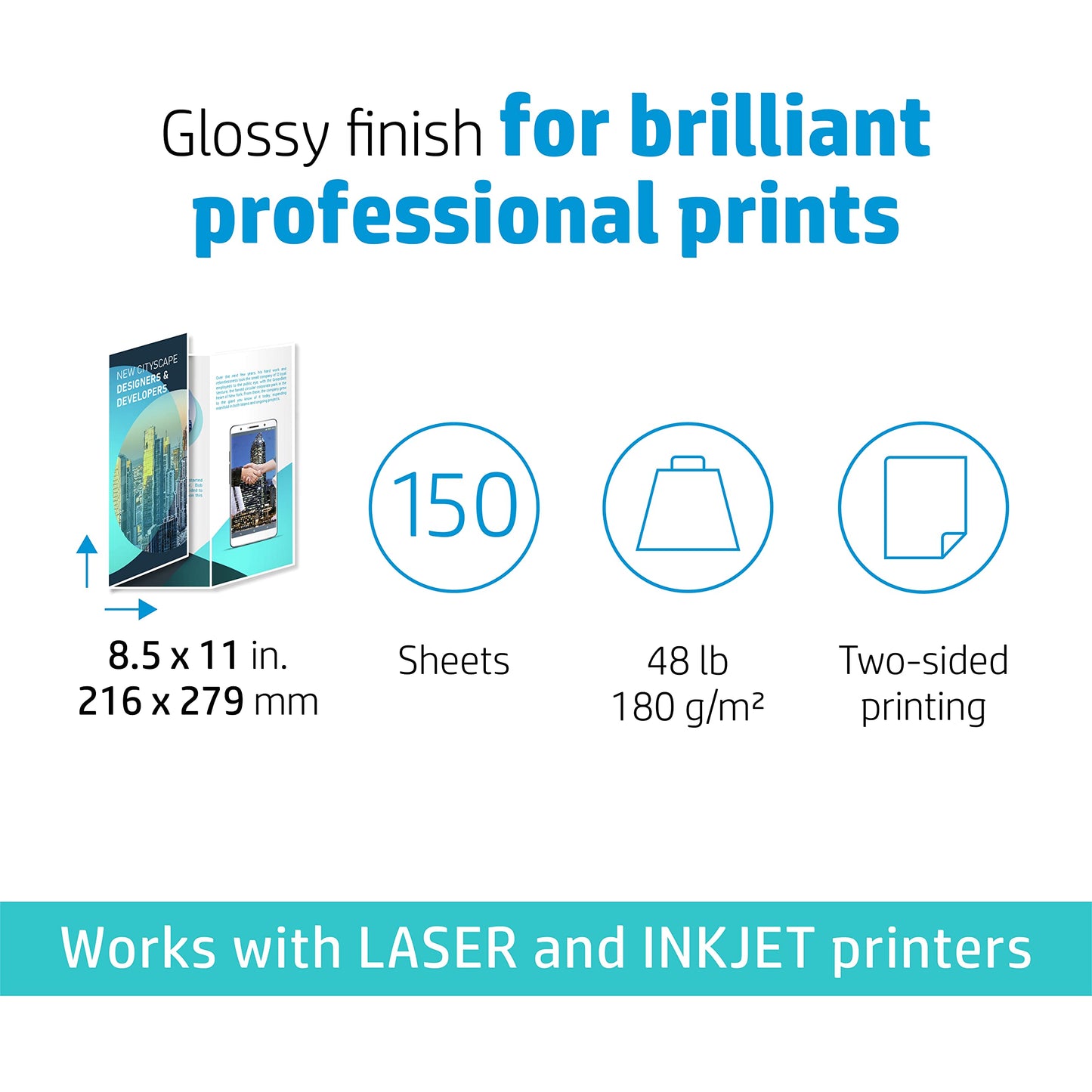 HP Professional Tri-fold Business Paper, Glossy, 8.5x11 in, 48 lb, 150 sheets, works with inkjet, PageWide, laser printers (4WN12A)