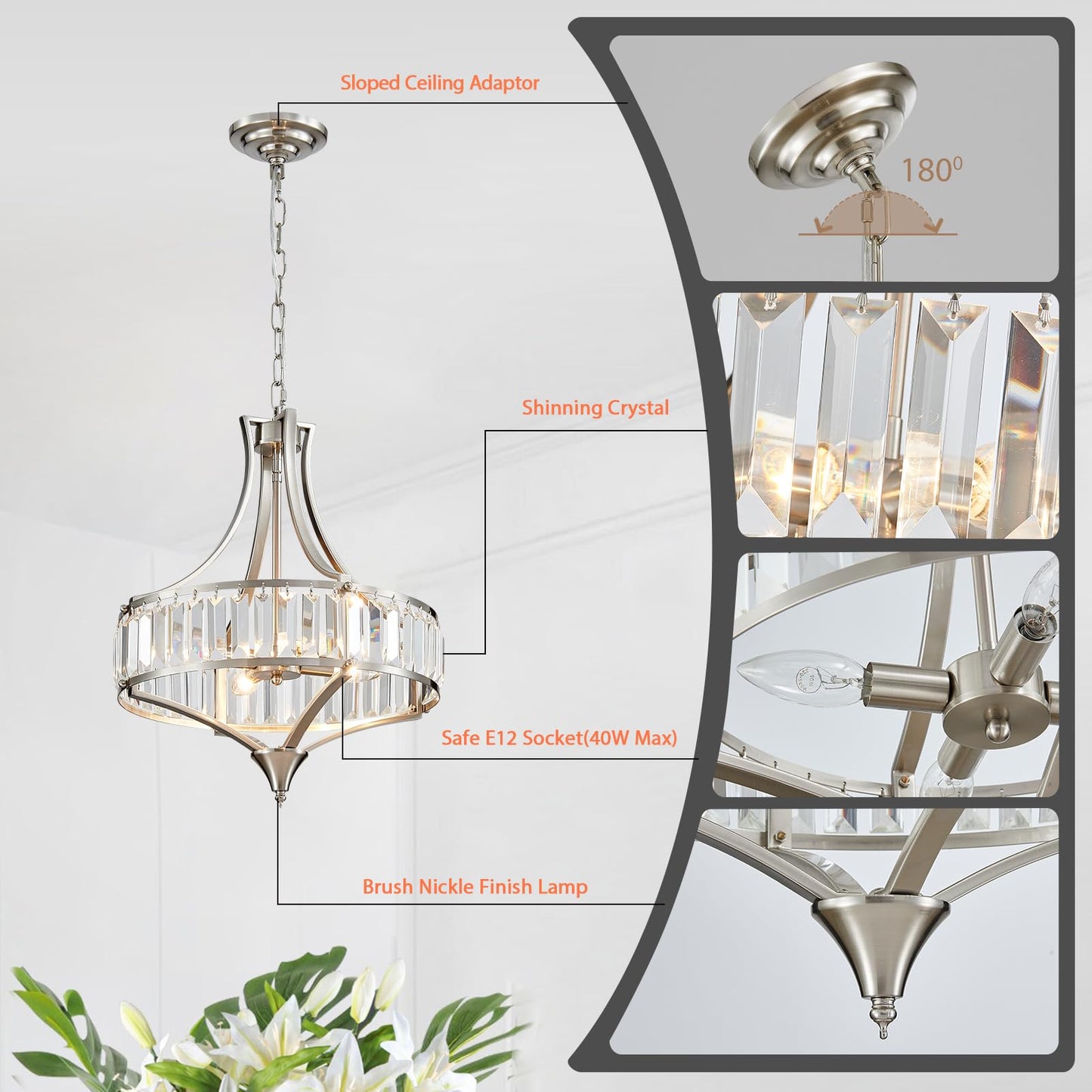 Majhoiw Crystal Chandeliers for Dining Room, Round Rustic Farmhouse Chandelier, Metal Shade, 4-Light Modern Brushed Nickel Chandelier for Hallway, Bedroom, Foyer