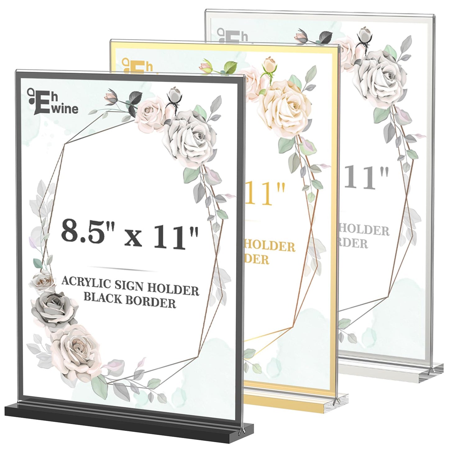 EHWINE 16 Pack Acrylic Sign Holder 8.5 x 11, Double-Sided Tabletop Silver Sign Holder, Clear Acrylic Picture Frame Menu Flyer Paper Holder Display Stand for Home Wedding Party (with Non-Slip Pads)