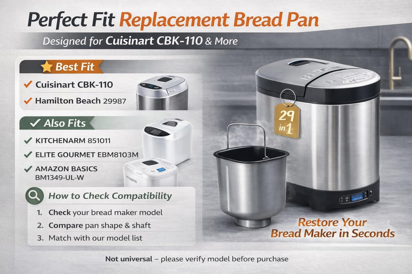 Bread Maker Pan Replacement with Kneading Paddle, Compatible with Cuisinart CBK-110NAS & CBK-110P1 2LB Vertical Bread Makers, Fits Elite Gourmet EBM8103M, Hamilton Beach 29987 & KitchenAid