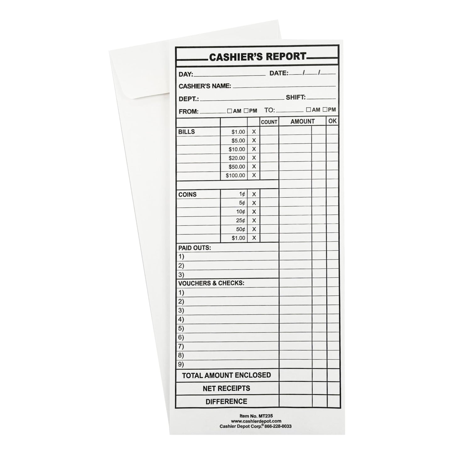 500 Cashier Depot - Cashier’s Report Envelopes MT235 – 4 1/2" x 10 3/8", White 24lb Paper, Cash Deposit Report, Money Envelopes for Retail, Restaurants, Hotels, Small Business, Gum Flap, 500 Count