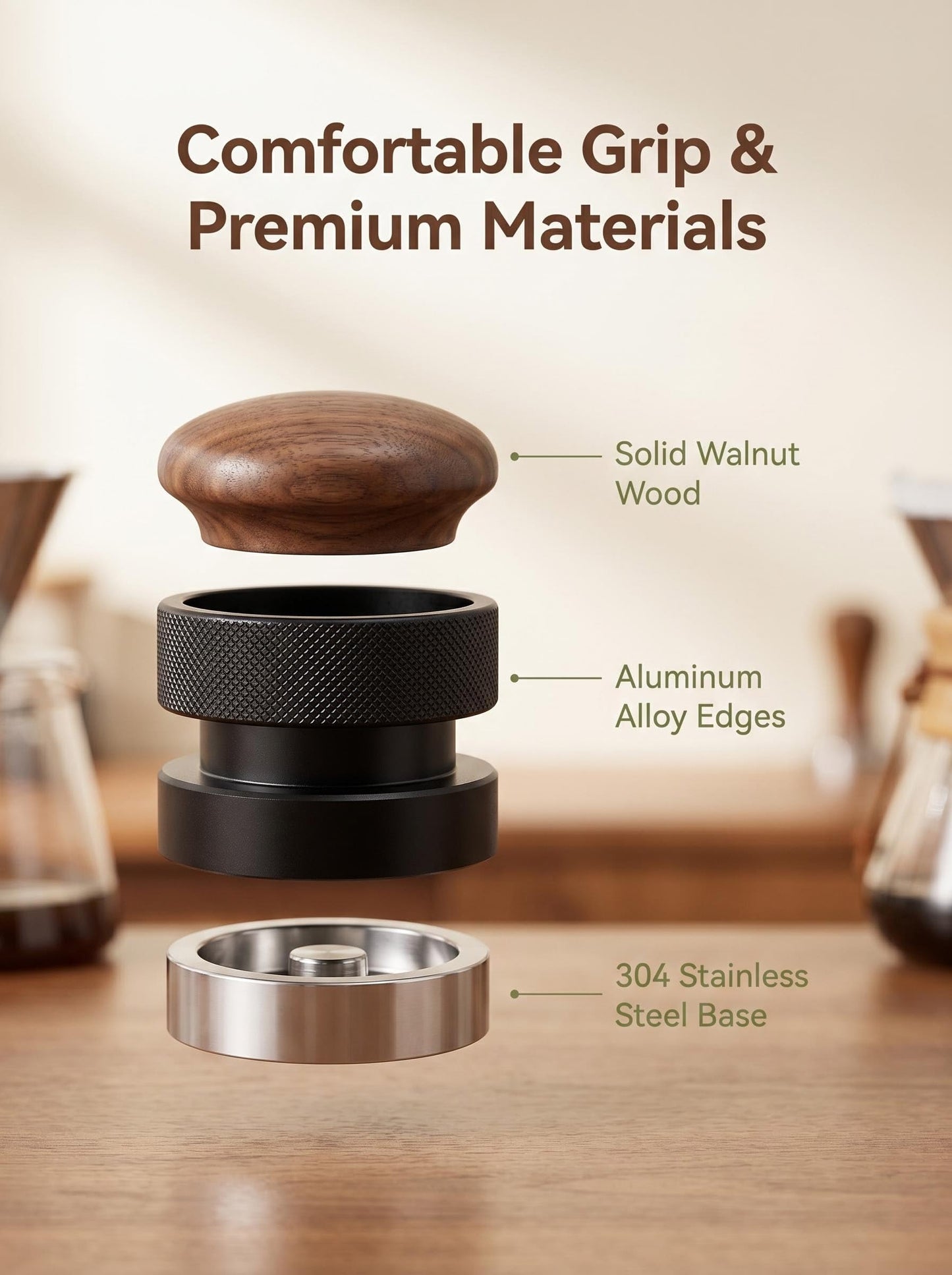 Ompellus 53mm Walnut Espresso Distributer, Gravity Adaptive Espresso Distribution Tool | Coffee Leveler Tool for Breville 54mm Portafilters | 304 Stainless Steel Base