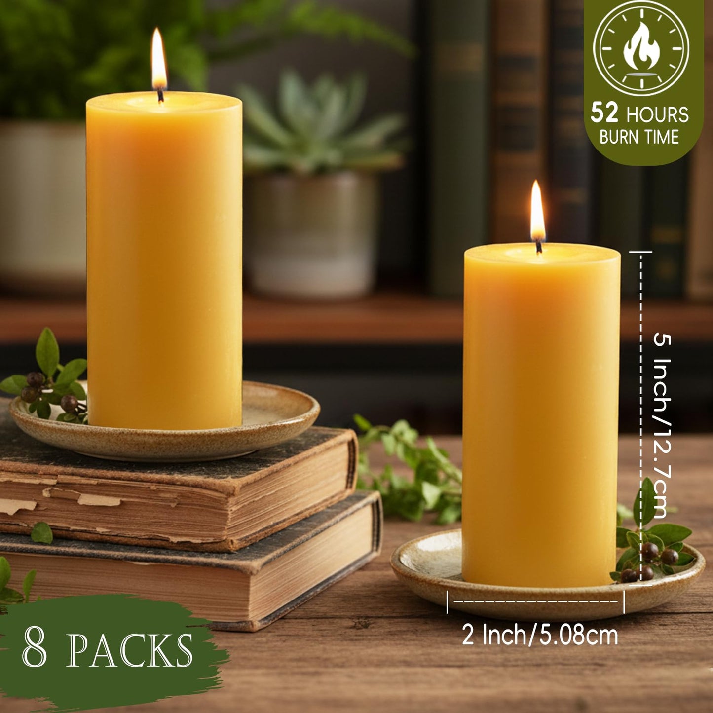 8 Packs Beeswax Candles, 2x5 Inch Natural Beeswax Pillar Candles, 400-Hour Total Long Burn Time, Organic Emergency Candle for Home Decor, Gift Sending, Smokeless & Dripless