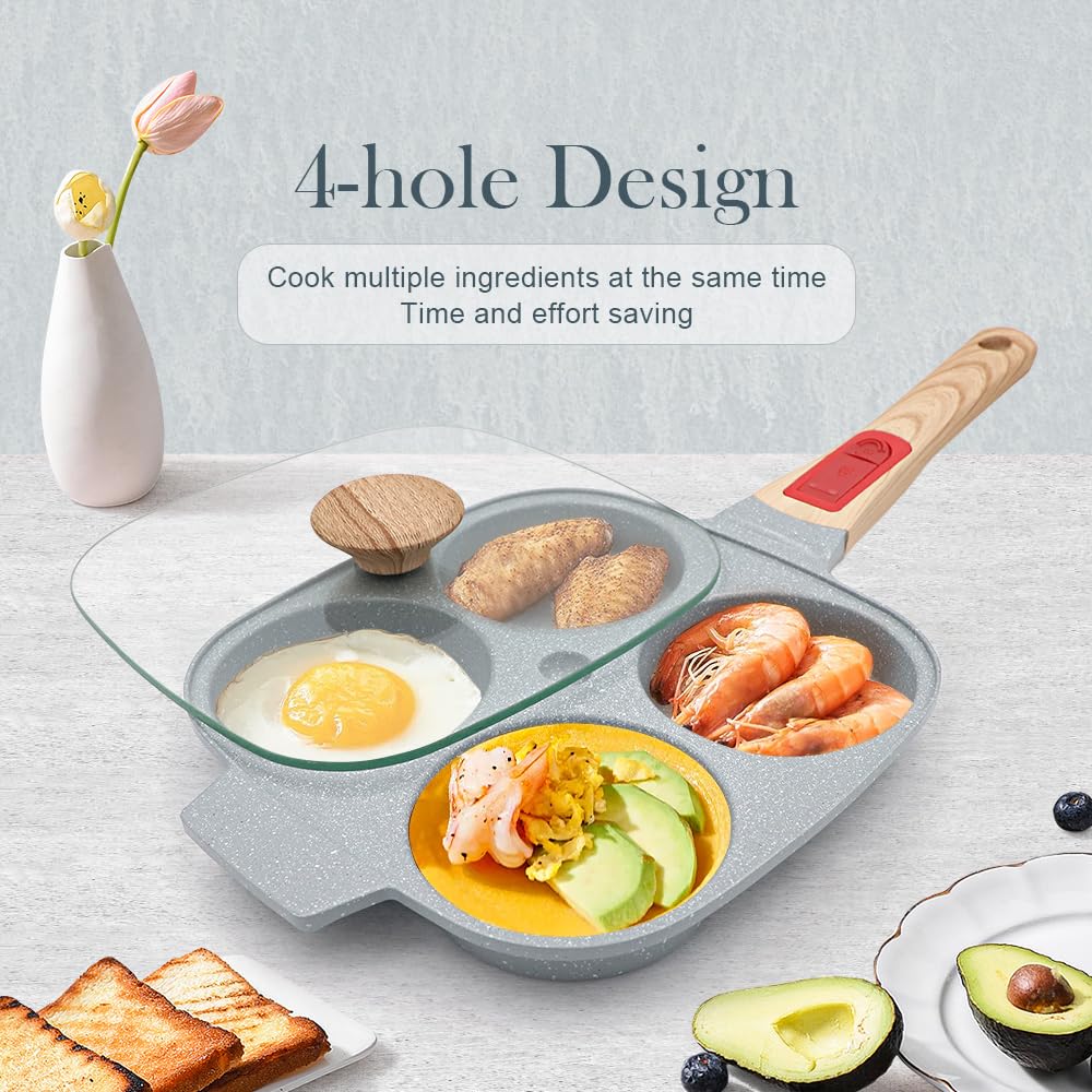 RANX INGST Ceramic Egg Frying Pan with Lid, Nonstick 4 Cup Fried Egg Pan with Detachable Handle, Omelette Pan Induction Compatible - Blue