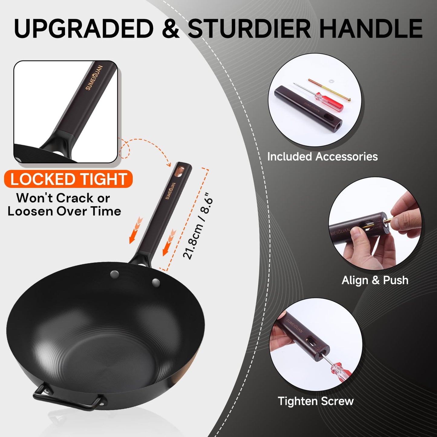 SUMEIGUAN 13.5" Carbon Steel Wok Pan - Pre-Seasoned Flat Bottom Woks & Stir-fry Pans Chinese Cookware with Lid & Spatula - For Pan-fry,Stir Fry, Steam, BBQ & Camping - Compatible with Induction, Gas