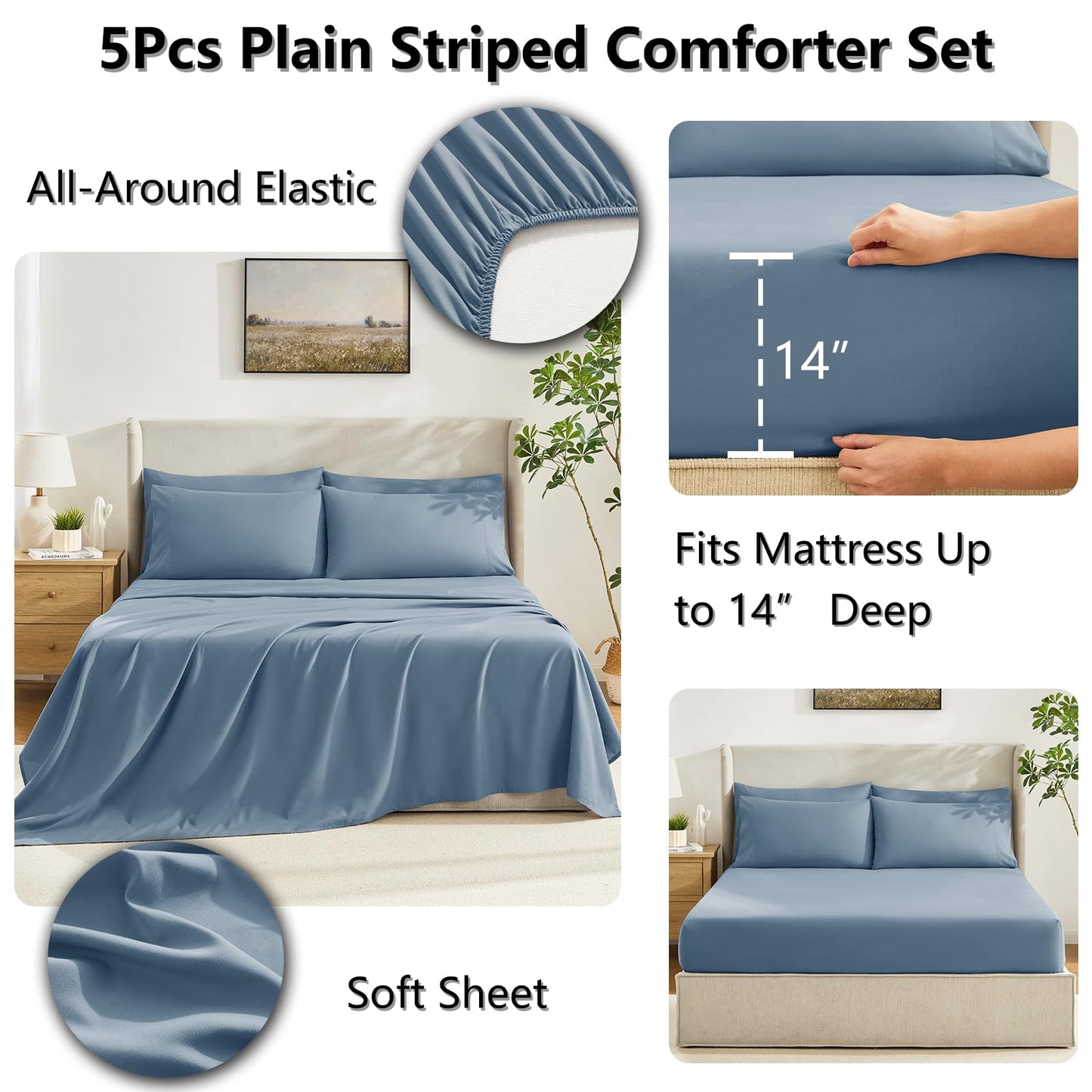 CozyLux Twin Comforter Set with Sheets Dusty Blue, 5 Pieces Bed in a Bag, Grayish Blue Comforter Twin Size, All Season Bedding Set with Stitch Quilted Comforter, Flat Sheet, Fitted Sheet, Pillowcases