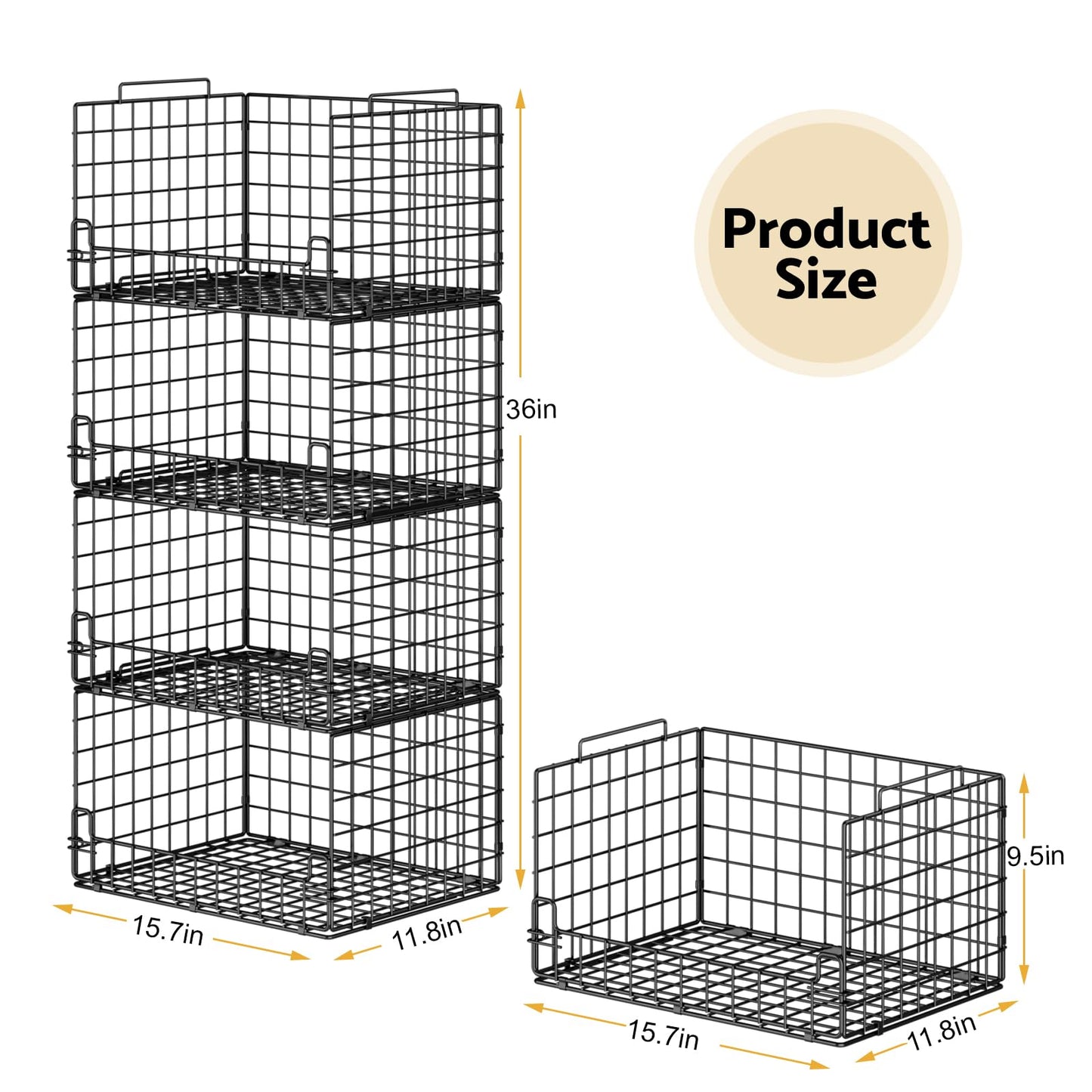 Astrorhine 4-Tier Stackable Closet Organizers and Storage Basket - Foldable Closet Shelf Organizer System, Sturdy Metal Space-Saving Clothes Storage Bins for Wardrobe, Black