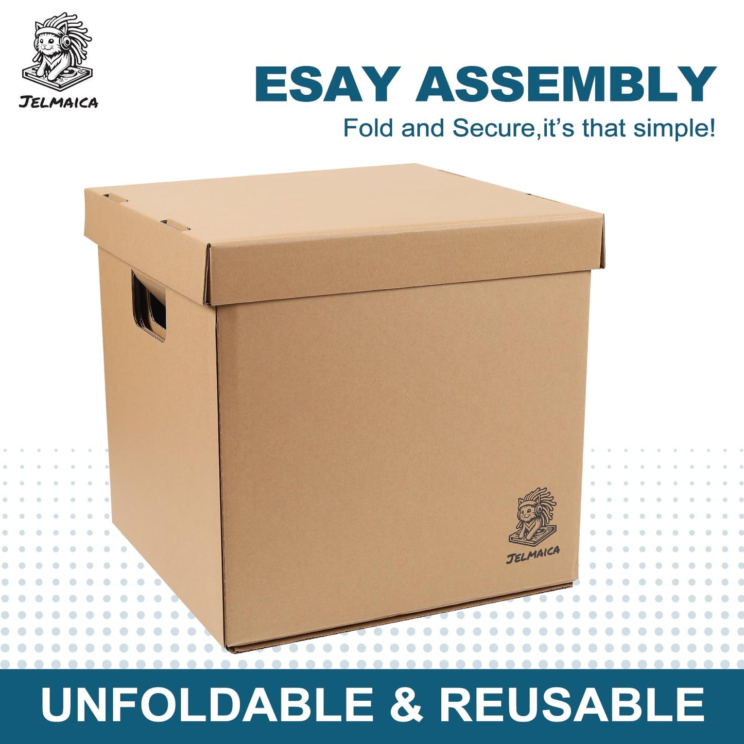 Jelmaica Vinyl Record Storage Box - Moving Box with Handles and Lids - Sturdy Cardboard Crate for Vinyl storage - Holds Up to 60 Records or LPs - Set of 4 Boxes (Kraft)