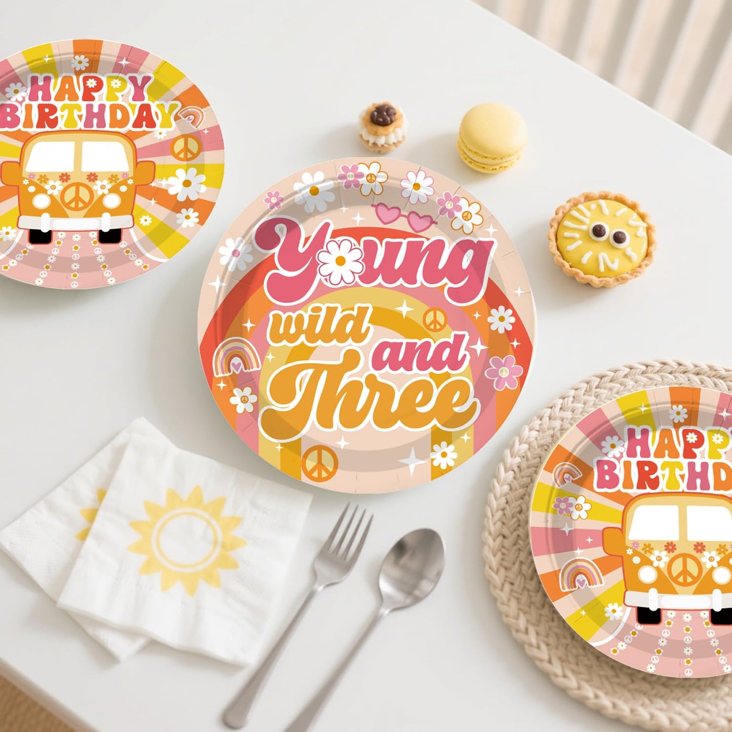 263pcs Young Wild and Three Party Decorations, Boho Groovy Daisy 3rd Birthday Decorations for Girls with Balloon Arch Tableware Backdrop Banner Tablecloth Cake Topper Balloon Box, Etc. Serves 20