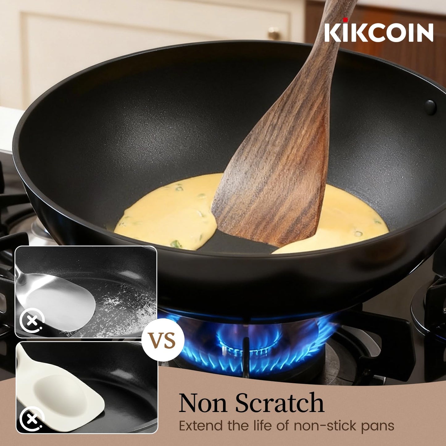 Kikcoin 7 PCS Durable Natural Teak Wooden Cooking Utensils Set, Non Toxic Wooden Spoons for Cooking, Wooden Utensil Set for Cooking with Comfort Grip, Nonstick & Easy to Clean Wood Kitchen Utensil Set