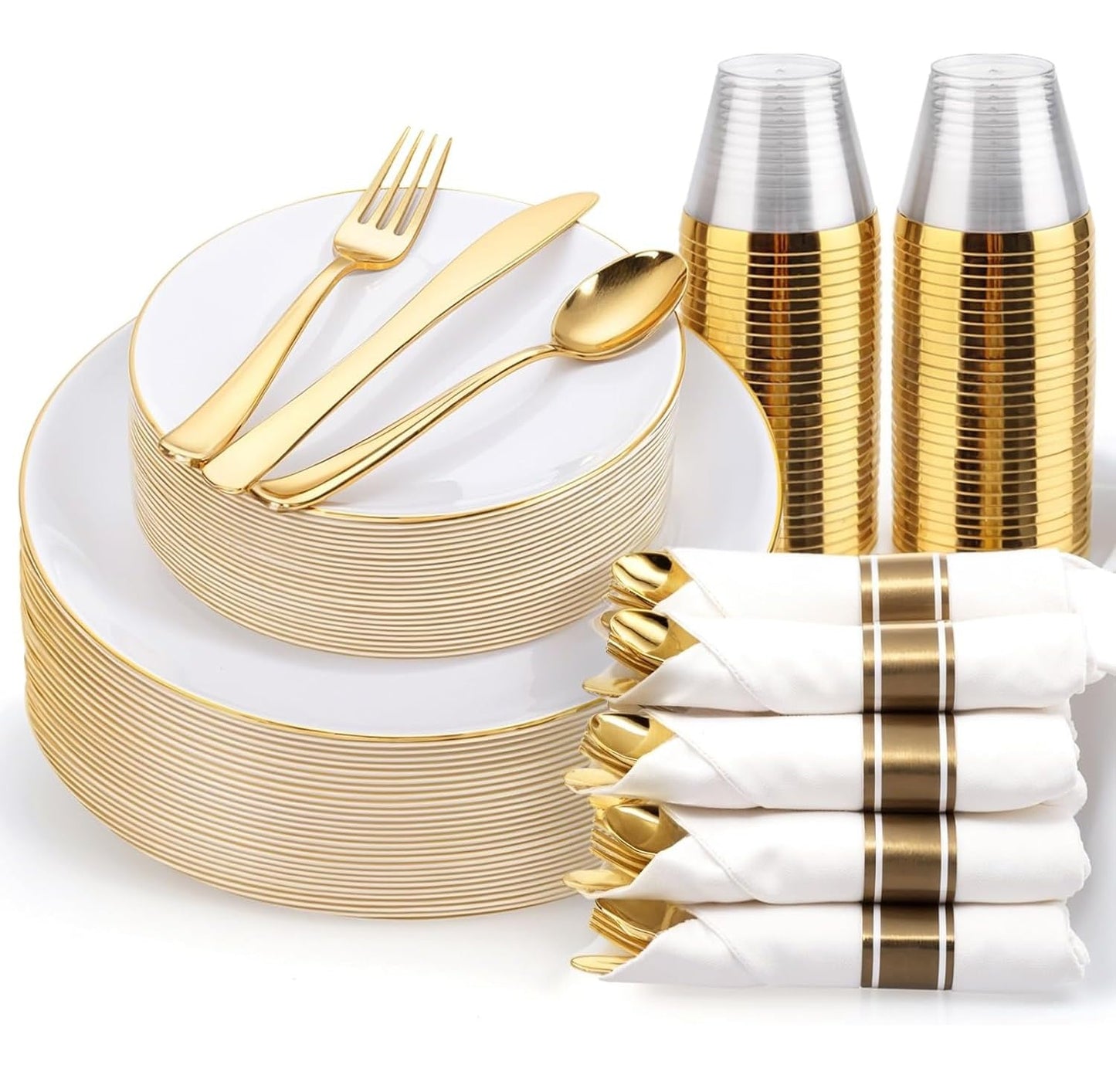 KIRE 175PCS Gold Plates Disposable - Heavy Duty White and Gold Plastic Plates Dinnerware Sets - 25 for Dinner 25 for Dessert 25 Pre Rolled Napkins and 25 Cups for Birthday/Wedding/Party